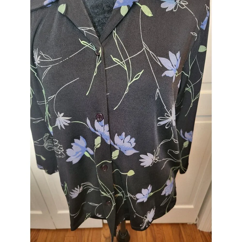 Studio Works Petite Vintage 90's Black Stretchy Floral Button Up PM Whimsygoth - Picture 7 of 9